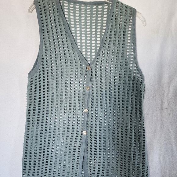 Vintage Moss Green Cotton  Openwork knit Stitch Vest with Abalone Button W SZ Sm - Picture 1 of 6